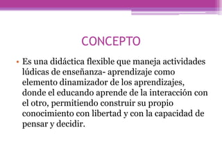CONCEPTO
• Es una didáctica flexible que maneja actividades
lúdicas de enseñanza- aprendizaje como
elemento dinamizador de los aprendizajes,
donde el educando aprende de la interacción con
el otro, permitiendo construir su propio
conocimiento con libertad y con la capacidad de
pensar y decidir.