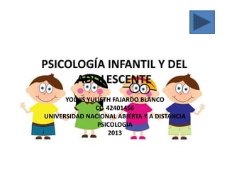 PSICOLOGÍA INFANTIL Y DEL
ADOLESCENTE
YOLVIS YULIETH FAJARDO BLANCO
CC 42401456
UNIVERSIDAD NACIONAL ABIERTA Y A DISTANCIA
PSICOLOGIA
2013
 