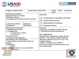 Código: ACIP-02-149-G Fecha Inicio: Junio 2013 Fecha Final: Noviembre
2013
Ubicación Geográfica:
Departamento: La Guajira
Municipio: Maicao
Corregimiento/Vereda/Territorio Colectivo:
Resultado:
1. Fortalecimiento a Entidades del Estado
2. Organizaciones Étnicas
3. Oportunidades Económicas
4. Mensajes Positivos
Afrodescendientes
Indígenas
Mujeres
Hombres
Mecanismo de Selección:
Identificación Previa
Competencia
Competencia Abierta
Lista Corta
Fuente Única
Propuesta No Solicitada
Contacto:
Ejecutor Fundación Cacique Mexión
Beneficiario (Ejecución Directa)
NIT: 900295939-0
Organización: Fundación Cacique Mexión
Nombre: Luis Miguel Talaigua Mendoza
Dirección: Maicao Carrera 11 no 16 – 68
Ciudad: Maicao
Teléfono: 314596166- (5) 7253342
Correo electrónico: darmemo@yahoo.com
Otra información:
Mecanismo(s) de Contratación:
Sub-contrato a precio fijo / Orden de
Compra
Donación
FOG
Donación de costo reembolsable
En especie
 