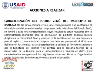 ACCIONES A REALIZAR
CARACTERIZACIÓN DEL PUEBLO ZENÚ DEL MUNICIPIO DE
MAICAO: De las cinco comunas y los siete corregimientos que conforman el
Municipio de Maicao en los cuales hay presencia de miembros del Pueblo Zenú,
se llevará a cabo una caracterización, cuyos resultados serán revisados con la
administración municipal para la adecuación de políticas públicas locales
dirigidas a la comunidad Zenú y avanzar en la construcción de una propuesta
para el registro como autoridad indígena que debe ser presentada al Ministerio
del Interior. Para realizar esta caracterización se utilizará el formato establecido
por el Ministerio del Interior y se contará con la asesoría técnica de la
Universidad de la Guajira, para el procesamiento y análisis de datos. Esta
caracterización comprenderá los siguientes aspectos: Historia, Organización
social, Actividades Económicas, Vivienda, Salud y Educación.
 