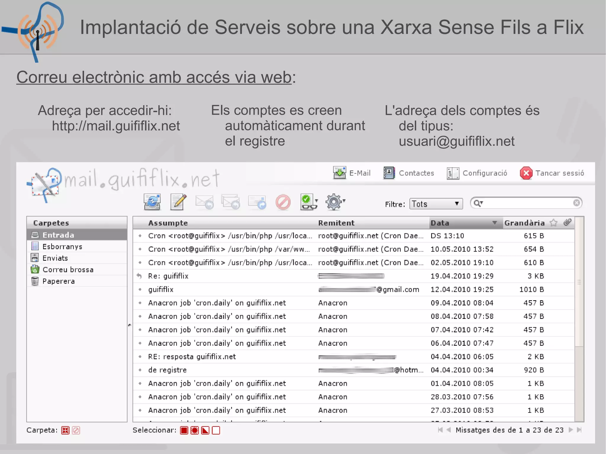 Portal web : Funcions: Portal captiu Índex dels serveis Informació per l'usuari Crèdits de connexió Perfil de l'usuari Implantació de Serveis sobre una Xarxa Sense Fils a Flix  