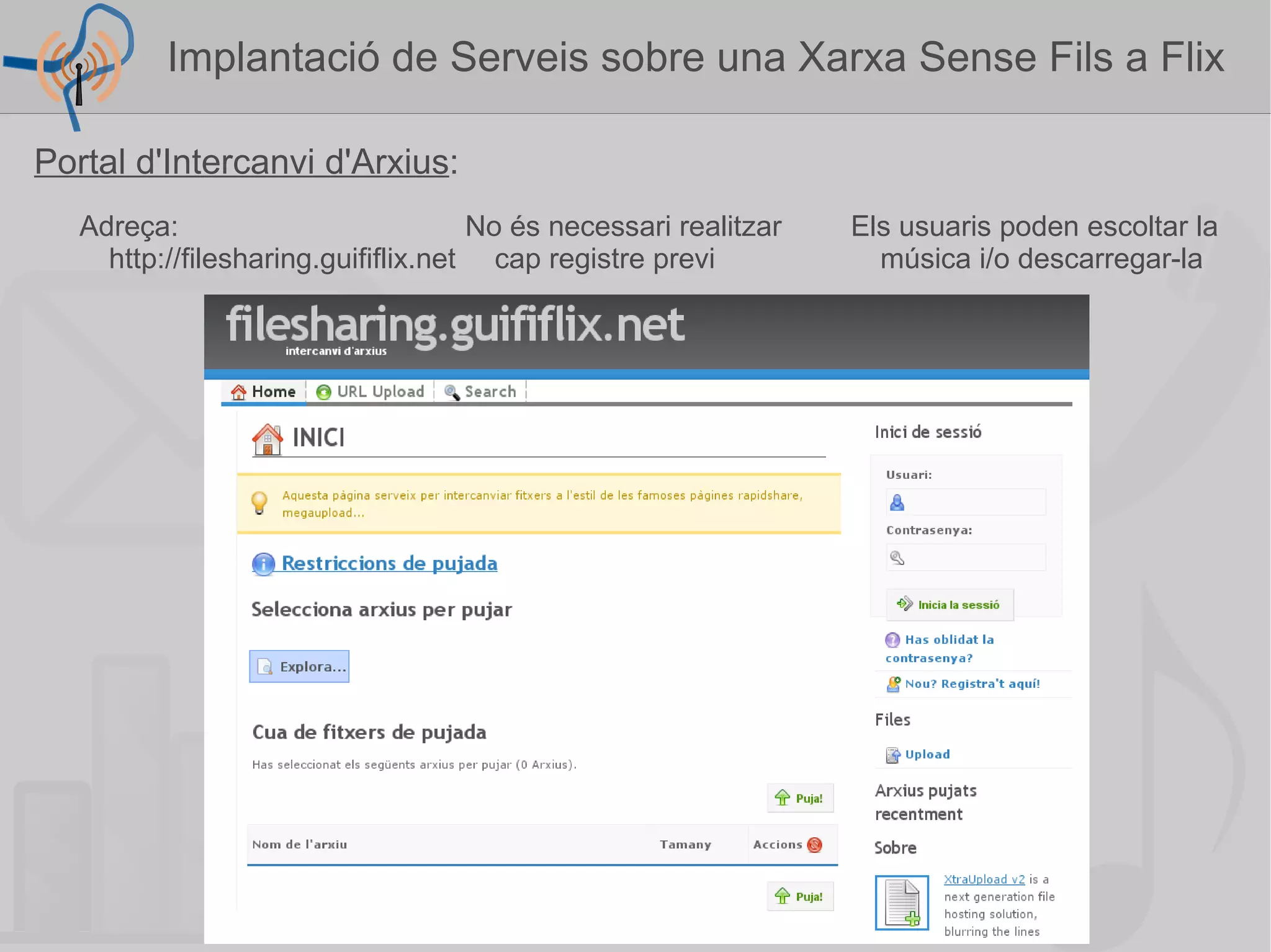 Estructura de la  base de dades Implantació de Serveis sobre una Xarxa Sense Fils a Flix  Portal de descàrregues Portal web 