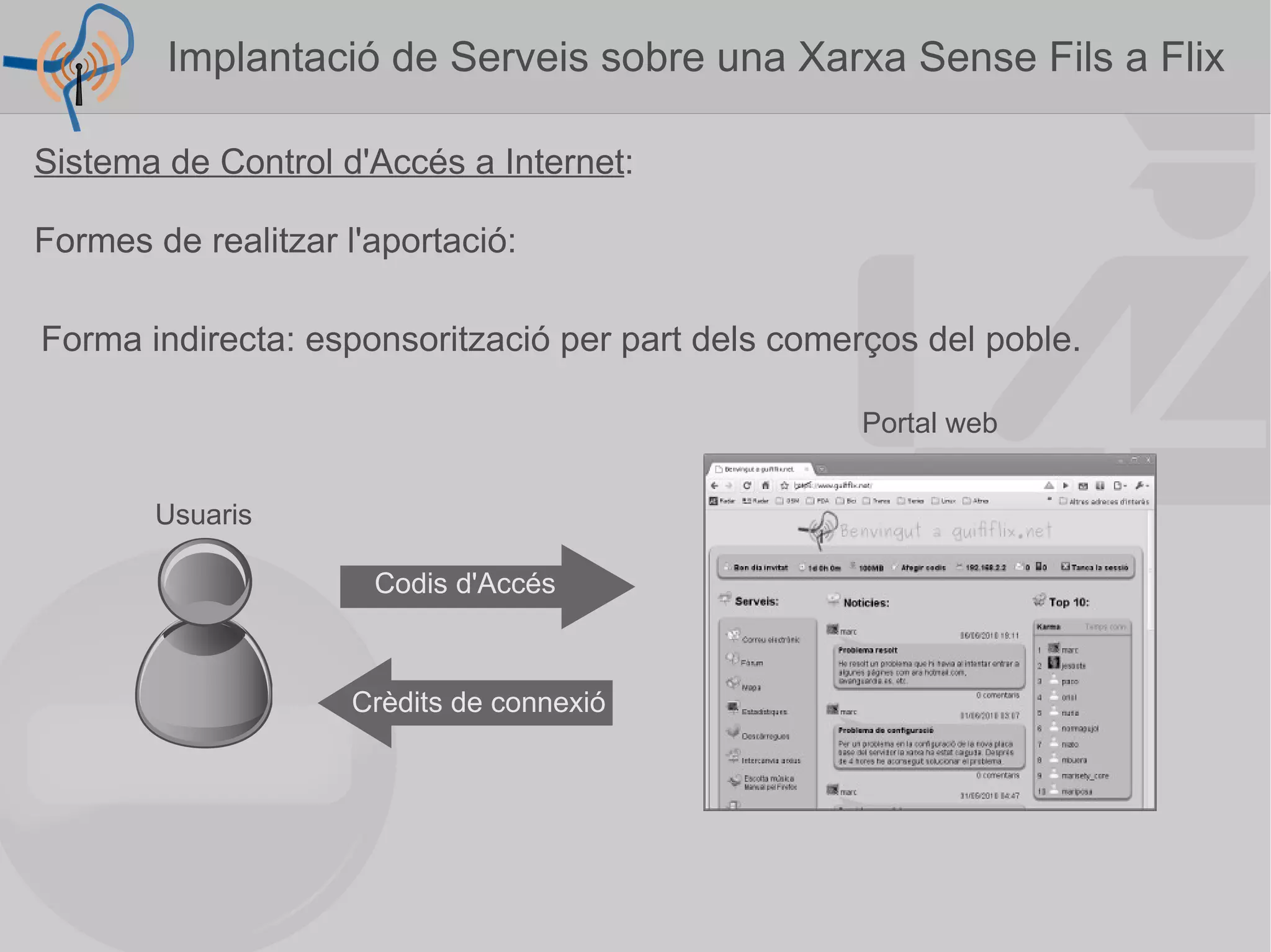 Sistema de Control d'Accés a Internet : Formes de realitzar l'aportació: Forma indirecta: esponsorització per part dels comerços del poble. Usuaris Portal web Implantació de Serveis sobre una Xarxa Sense Fils a Flix  Codis d'Accés Crèdits de connexió 