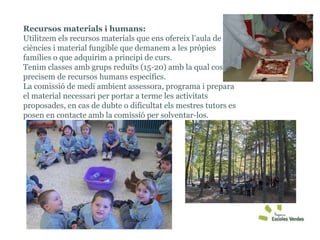 Recursos materials i humans:  Utilitzem els recursos materials que ens ofereix l’aula de ciències i material fungible que demanem a les pròpies famílies o que adquirim a principi de curs. Tenim classes amb grups reduïts (15-20) amb la qual cosa no precisem de recursos humans específics.  La comissió de medi ambient assessora, programa i prepara el material necessari per portar a terme les activitats proposades, en cas de dubte o dificultat els mestres tutors es posen en contacte amb la comissió per solventar-los. 