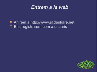Entrem a la web Anirem a http://www.slideshare.net Ens registrarem com a usuaris 