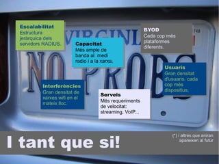 Escalabilitat
                                                         BYOD
 Estructura
 jeràrquica dels                                         Cada cop més
                                                         plataformes
 servidors RADIUS.      Capacitat
                                                         diferents.
                        Més ample de
                        banda al medi
                        radio i a la xarxa.
                                                                Usuaris
                                                                Gran densitat
                                                                d'usuaris, cada
          Interferències                                        cop més
          Gran densitat de                                      dispositius.
                                    Serveis
          xarxes wifi en el
                                    Més requeriments
          mateix lloc.
                                    de velocitat:
                                    streaming, VoIP...




I tant que si!
                                                                   (*) i altres que aniran
                                                                        apareixen al futur
 