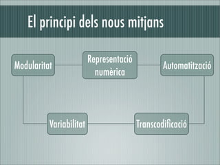 El principi dels nous mitjans

                         Representació
Modularitat                                     Automatització
                           numèrica




          Variabilitat                   Transcodiﬁcació
 