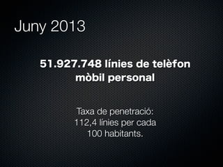 Juny 2013
51.927.748 línies de telèfon
mòbil personal

Taxa de penetració:
112,4 línies per cada
100 habitants.

 