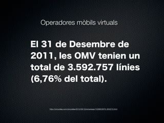 Operadores mòbils virtuals

El 31 de Desembre de
2011, les OMV tenien un
total de 3.592.757 línies
(6,76% del total).

http://cincodias.com/cincodias/2012/06/16/empresas/1339853979_850215.html

 