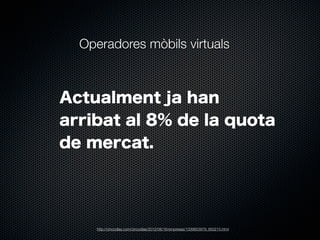 Operadores mòbils virtuals

Actualment ja han
arribat al 8% de la quota
de mercat.

http://cincodias.com/cincodias/2012/06/16/empresas/1339853979_850215.html

 