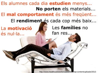 http://www.healthcareworkersalary.com/wp-content/uploads/2013
Els alumnes cada dia estudien menys...
No porten els materials...
El mal comportament és més freqüent...
La motivació
és nul·la...
Les famílies no
fan res...
El rendiment és cada cop més baix...
 