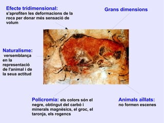 Efecte tridimensional:
s'aprofiten les deformacions de la
roca per donar més sensació de
volum
Grans dimensions
Naturalisme:
versemblança
en la
representació
de l'animal i de
la seua actitud
Policromia: els colors són el
negre, obtingut del carbó i
minerals magnèsics, el groc, el
taronja, els rogencs
Animals aïllats:
no formen escenes
 