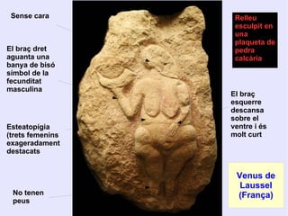 Sense cara
El braç dret
aguanta una
banya de bisó
símbol de la
fecunditat
masculina
Esteatopígia
(trets femenins
exageradament
destacats
No tenen
peus
El braç
esquerre
descansa
sobre el
ventre i és
molt curt
Venus de
Laussel
(França)
Relleu
esculpit en
una
plaqueta de
pedra
calcària
 
