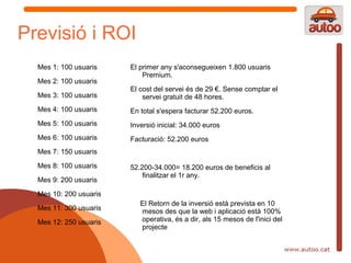 Previsió i ROI
  Mes 1: 100 usuaris    El primer any s'aconsegueixen 1.800 usuaris
                            Premium.
  Mes 2: 100 usuaris
                        El cost del servei és de 29 €. Sense comptar el
  Mes 3: 100 usuaris        servei gratuit de 48 hores.
  Mes 4: 100 usuaris    En total s'espera facturar 52.200 euros.
  Mes 5: 100 usuaris    Inversió inicial: 34.000 euros
  Mes 6: 100 usuaris    Facturació: 52.200 euros
  Mes 7: 150 usuaris
  Mes 8: 100 usuaris    52.200-34.000= 18.200 euros de beneficis al
                            finalitzar el 1r any.
  Mes 9: 200 usuaris
  Mes 10: 200 usuaris
                           El Retorn de la inversió està prevista en 10
  Mes 11: 300 usuaris      mesos des que la web i aplicació està 100%
  Mes 12: 250 usuaris      operativa, és a dir, als 15 mesos de l'inici del
                           projecte
 