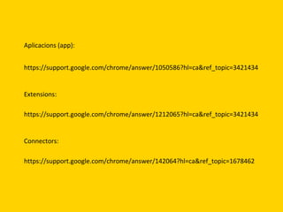 Aplicacions (app):
https://support.google.com/chrome/answer/1050586?hl=ca&ref_topic=3421434

Extensions:
https://support.google.com/chrome/answer/1212065?hl=ca&ref_topic=3421434

Connectors:
https://support.google.com/chrome/answer/142064?hl=ca&ref_topic=1678462

 