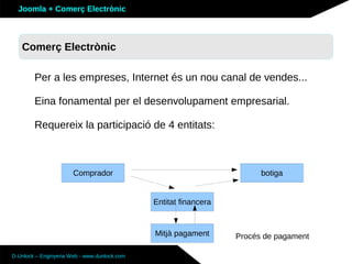 Joomla + Comerç Electrònic



   Sobre Joomla: Altres funcionalitats
   Comerç Electrònic

        Per a les empreses, Internet és un nou canal de vendes...

        Eina fonamental per el desenvolupament empresarial.

        Requereix la participació de 4 entitats:



                       Comprador                                        botiga


                                              Entitat financera


                                              Mitjà pagament      Procés de pagament

D-Unlock – Enginyeria Web - www.dunlock.com
 