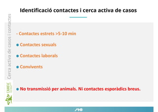 Identificació contactes i cerca activa de casos
- Contactes estrets >5-10 min
Contactes sexuals
Contactes laborals
Convive...