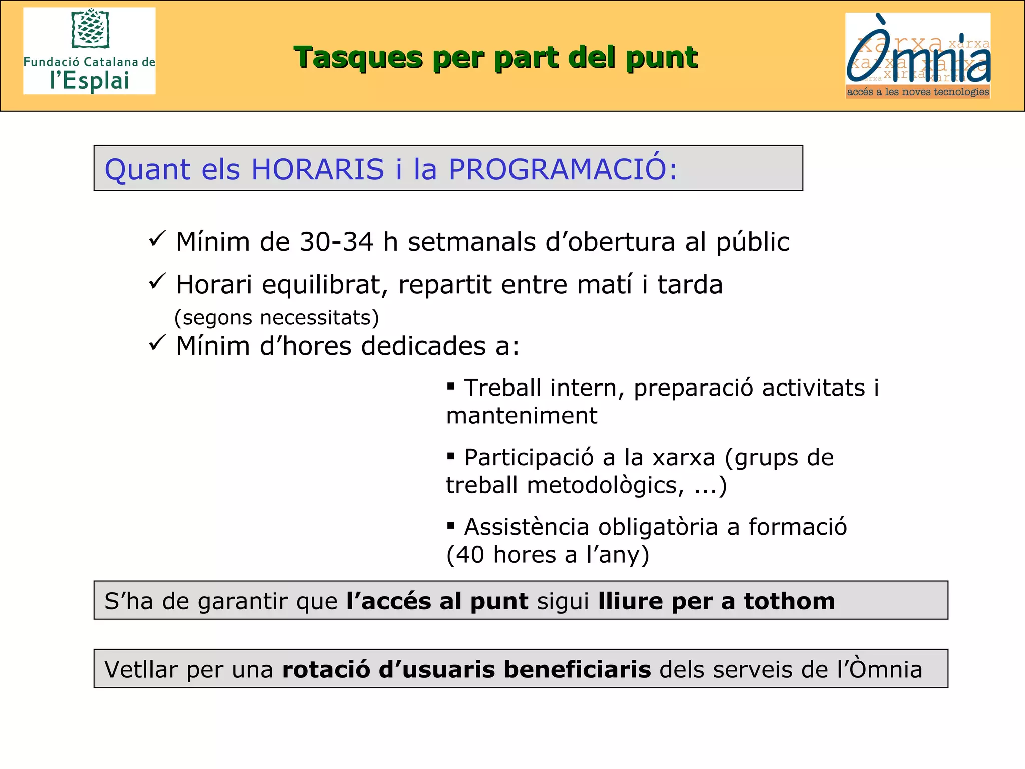 Tasques per part del punt S’ha de garantir que  l’accés al punt  sigui  lliure per a tothom Quant els HORARIS i la PROGRAMACIÓ: Mínim de 30-34 h setmanals d’obertura al públic  Horari equilibrat, repartit entre matí i tarda    (segons necessitats) Mínim d’hores dedicades a: Treball intern, preparació activitats i manteniment Participació a la xarxa (grups de  treball metodològics, ...) Assistència obligatòria a formació  (40 hores a l’any) Vetllar per una  rotació d’usuaris beneficiaris  dels serveis de l’Òmnia 
