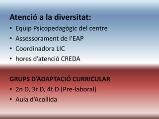 Atenció a la diversitat:
•   Equip Psicopedagògic del centre
•   Assessorament de l’EAP
•   Coordinadora LIC
•   hores d’atenció CREDA

GRUPS D’ADAPTACIÓ CURRICULAR
• 2n D, 3r D, 4t D (Pre-laboral)
• Aula d’Acollida
 