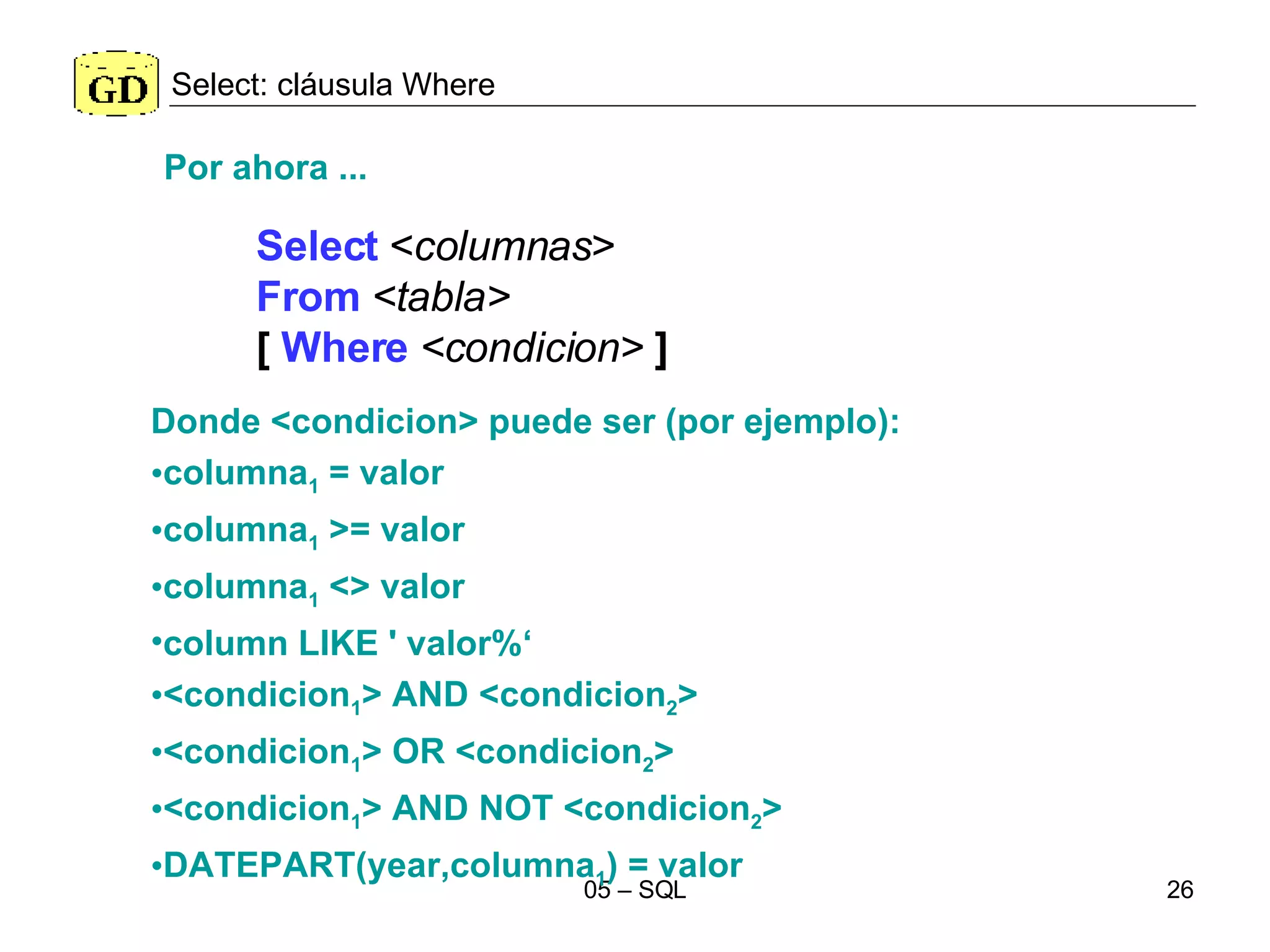 Select: cláusula Where Select  < columnas > From   <tabla>   [  Where   <condicion>  ] Donde <condicion> puede ser (por ejemplo): columna 1  = valor columna 1  >= valor columna 1  <> valor column LIKE  '  valor% ‘ <condicion 1 > AND <condicion 2 > <condicion 1 > OR <condicion 2 > <condicion 1 > AND NOT <condicion 2 > DATEPART(year,columna 1 ) = valor Por ahora ... 