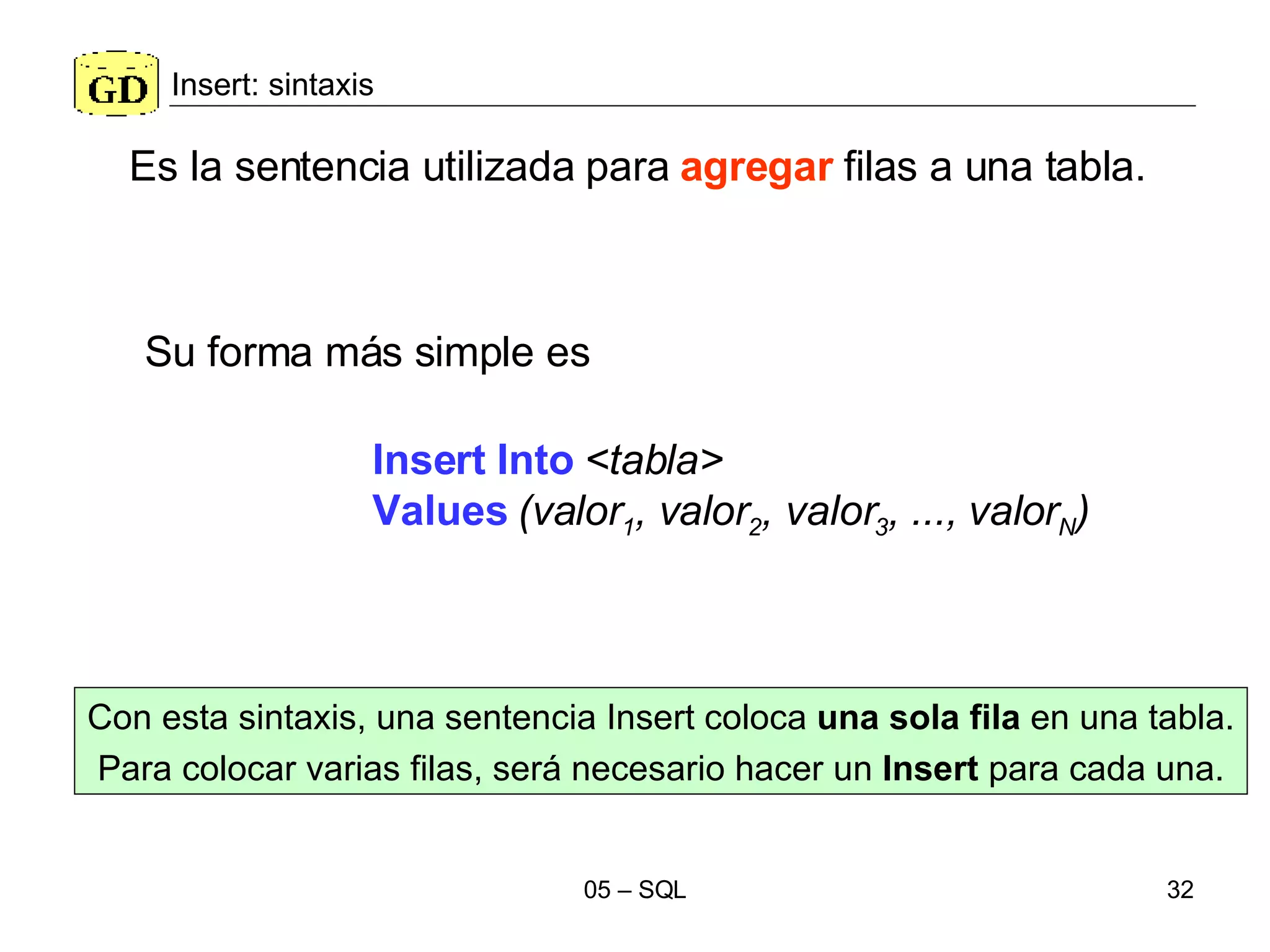 Insert: sintaxis Insert Into   <tabla>   Values   (valor 1 , valor 2 , valor 3 , ..., valor N ) Es la sentencia utilizada para  agregar  filas a una tabla.  Con esta sintaxis, una sentencia Insert coloca  una sola fila  en una tabla. Para colocar varias filas, será necesario hacer un  Insert  para cada una. Su forma más simple es 