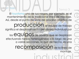 UNIDAD I Tema 3 revolución industrial El  toyotismo   uno de sus rasgos, por ejemplo, es el mantenimiento de la tradicional línea de montaje. Así, desde el punto de vista del proceso objetivo de  producción , el equipo de trabajo significa el desplazamiento del obrero individual por los  equipos  de obreros que se desplazan efectuando tareas heterogéneas a lo largo de una o varias secciones, lo que de hecho, es una  recomposición  de la línea de montaje   