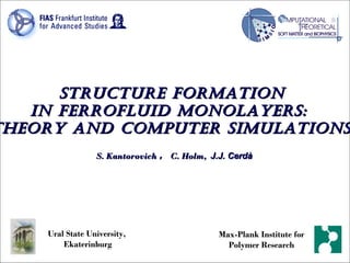 STRUCTURE FORMATION  IN FERROFLUID MONOLAYERS:  theory and computer simulations.   S. Kantorovich ， C. Holm,  J.J. Cerdà   Ural State University,  Ekaterinburg Max-Plank Institute for  Polymer Research   