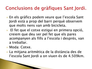  En els gràfics podem veure que l’escola Sant
Jordi està a prop del barri perquè observem
que molts nens van amb bicicleta.
 El fet que el cotxe estigui en primera opció,
creiem que deu ser pel fet que els pares
acompanyen als fills a l’escola i després, van
a treballar.
 Moda: Cotxe.
 La mitjana aritmètica de la distància des de
l’escola Sant Jordi a on viuen és de 4.509km.
 