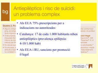Als EUA 75% prescripcions per a indicacions no autoritzades Catalunya: 17 de cada 1.000 habitants reben antiepilèptics (prevalença epilèpsia: 4-10/1.000 hab) Als EUA i RU, sancions per promoció il·legal 
