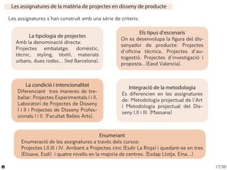 17/30
Les assignatures de la matèria de projectes en disseny de producte
La tipologia de projectes
Amb la denominació dire...
