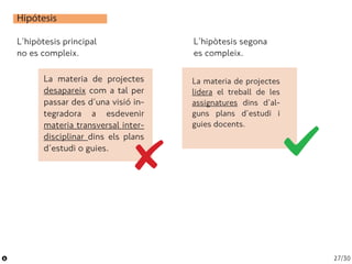 Hipótesis
L’hipòtesis principal
no es compleix.
La materia de projectes
desapareix com a tal per
passar des d’una visió in...