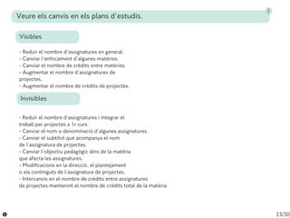 23/30
Veure els canvis en els plans d’estudis.
8
Visibles
Invisibles
- Reduir el nombre d’assignatures en general.
- Canvi...