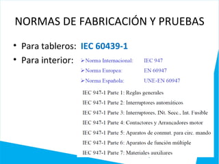NORMAS DE FABRICACIÓN Y PRUEBAS
• Para tableros: IEC 60439-1
• Para interior:
 