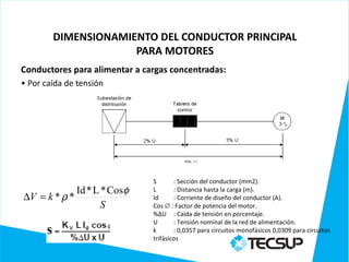 DIMENSIONAMIENTO DEL CONDUCTOR PRINCIPAL
                    PARA MOTORES
Conductores para alimentar a cargas concentradas:
• Por caída de tensión




                               S       : Sección del conductor (mm2).
             Id * L * Cosφ     L       : Distancia hasta la carga (m).
∆V = k * ρ *                   Id      : Corriente de diseño del conductor (A).
                    S          Cos ∅ : Factor de potencia del motor.
                               %ΔU : Caída de tensión en porcentaje.
                               U       : Tensión nominal de la red de alimentación.
                               k       : 0,0357 para circuitos monofásicos 0,0309 para circuitos
                               trifásicos
 
