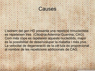 Causes



L'extrem del gen HD presenta una repetició trinucleòtida:
es repeteixen tres (Citosina-Adenina-Guanina; CAG).
Com més cops es repeteixin aquests nucleòtids, major
és la possibilitat de desenvolupar la malaltia i més jove.
La velocitat de degeneració de la cèl·lula és proporcional
al nombre de les repeticions addicionals de CAG.
 