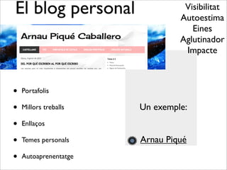 El blog personal
• Portafolis
• Millors treballs
• Enllaços
• Temes personals
• Autoaprenentatge
Visibilitat
Autoestima
Eines
Aglutinador
Impacte
Un exemple:
Arnau Piqué
 