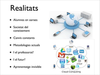 Realitats
• Alumnes en xarxes
• Societat del
coneixement
• Canvis constants
• Metodologies actuals
• I el professorat?
• I el futur?
• Aprenentatge invisible
 