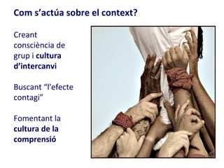 Com s’actúa sobre el context?

Creant
consciència de
grup i cultura
d’intercanvi

Buscant “l'efecte
contagi”

Fomentant la
cultura de la
comprensió
 