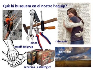 Què hi busquem en el nostre l’equip?


             nt
           me
          lla
      ’a i
      el
     rd
  rti
 so




                       eines               referents
          escalf del grup
                                             horitzons



                  recursos i estratègies
 