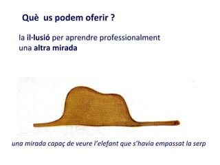 Què us podem oferir ?

  la il·lusió per aprendre professionalment
  una altra mirada




una mirada capaç de veure l’elefant que s’havia empassat la serp
 
