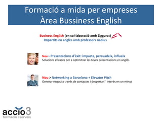 Formació a mida per empreses
Àrea Bussiness English
Business English (en col·laboració amb Ziggurat)
Impartits en anglès amb professors nadius

Nou > Presentacions d'èxit: impacta, persuadeix, influeix
Solucions eficaces per a optimitzar les teves presentacions en anglès

Nou > Networking a Barcelona + Elevator Pitch
Generar negoci a través de contactes i despertar l‘ interès en un minut

 