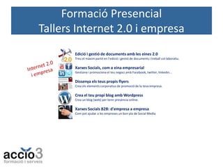 Formació Presencial
Tallers Internet 2.0 i empresa
Edició i gestió de documents amb les eines 2.0
Treu el màxim partit en l'edició i gestió de documents i treball col·laboratiu.

Xarxes Socials, com a eina empresarial
Gestiona i promociona el teu negoci amb Facebook, twitter, linkedin...

Dissenya els teus propis flyers
Crea els elements corporatius de promoció de la teva empresa.

Crea el teu propi blog amb Wordpress
Crea un blog (web) per tenir presència online.

Xarxes Socials B2B: d'empresa a empresa
Com pot ajudar a les empreses un bon pla de Social Media

 