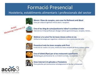 Formació Presencial
Hosteleria, establiments alimentaris i professionals del sector
Menús i fitxes de receptes, com crear-ho fàcilment amb Word
Eines per elaborar àgilment menús diaris i receptaris

Crea el teu blog de cuina/pastisseria i dóna'l a conèixer al món
Internet és el mitjà perfecte per divulgar notícies gastronòmiques, receptes, menús...

Webinar a la cuina! Fes les teves classes online en viu
Utilitza la tecnologia per organitzar a distància la teva masterclass de cuina

Presenta al món les teves receptes amb Prezi
A més de ser creatiu a la cuina, mostra les teves receptes de forma vistosa i online

Crea el fulletó (flyer) per al teu restaurant o pastisseria
Marketing per promocionar-te: si el client no et veu, no existeixes

Eines Internet 2.0 aplicades a l'hostaleria
Eines gratuïtes per promocionar estratègicament el teu bar o restaurant.

 