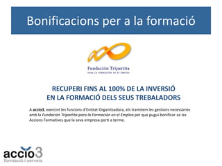 Bonificacions per a la formació

RECUPERI FINS AL 100% DE LA INVERSIÓ
EN LA FORMACIÓ DELS SEUS TREBALADORS
A accio3, exercint les funcions d’Entitat Organitzadora, els tramitem les gestions necessàries
amb la Fundación Tripartita para la Formación en el Empleo per que pugui bonificar-se les
Accions Formatives que la seva empresa porti a terme.

 