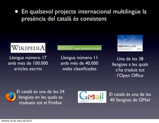 • En qualsevol projecte internacional multilingüe la
                 presència del català és consistent




      Llengua número 17             Llengua número 11         Una de les 38
     amb més de 100.000             amb més de 40.000     llengües a les quals
         articles escrits            webs classiﬁcades       s’ha traduït tot
                                                              l’Open Ofﬁce


             El català és una de les 24
                                                         El català és una de les
              llengües en les quals es
                                                         40 llengües de GMail
               tradueix tot el Firefox


dimarts 23 de març de 2010
 