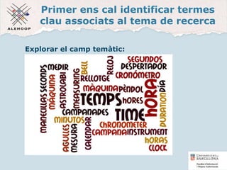 Primer ens cal identificar termes
clau associats al tema de recerca
Explorar el camp temàtic:
http://www.wordle.net/
20
 