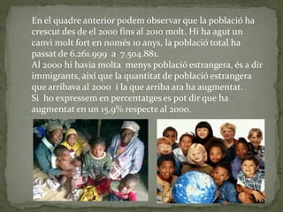 En el quadre anterior podem observar que la població ha
crescut des de el 2000 fins al 2010 molt. Hi ha agut un
canvi molt fort en només 10 anys, la població total ha
passat de 6.261.999 a 7.504.881.
Al 2000 hi havia molta menys població estrangera, és a dir
immigrants, així que la quantitat de població estrangera
que arribava al 2000 i la que arriba ara ha augmentat.
Si ho expressem en percentatges es pot dir que ha
augmentat en un 15,9% respecte al 2000.
 