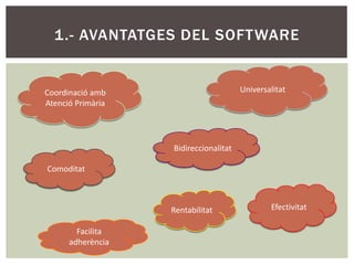 1.- AVANTATGES DEL SOFTWARE


Coordinació amb                        Universalitat
Atenció Primària




                   Bidireccionalitat

Comoditat



                   Rentabilitat                Efectivitat

        Facilita
      adherència
 