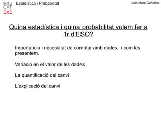 Estadística i Probabilitat Lluís Mora Cañellas Quina estadística i quina probabilitat volem fer a 1r d'ESO? Importància i necessitat de comptar amb dades,  i com les  