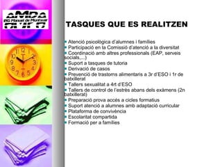 TASQUES QUE ES REALITZEN Atenció psicològica d’alumnes i famílies Participació en la Comissió d’atenció a la diversitat Coordinació amb altres professionals (EAP, serveis socials,...) Suport a tasques de tutoria Derivació de casos Prevenció de trastorns alimentaris a 3r d’ESO i 1r de batxillerat Tallers sexualitat a 4rt d’ESO Tallers de control de l’estrès abans dels exàmens (2n batxillerat) Preparació prova accés a cicles formatius Suport atenció a alumnes amb adaptació curricular Plataforma de convivència Escolaritat compartida Formació per a famílies 